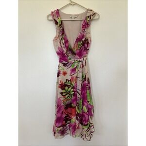 Jonathan Martin Dress Women Size 6 Floral Ruffle Deep V Neck Tie Waist